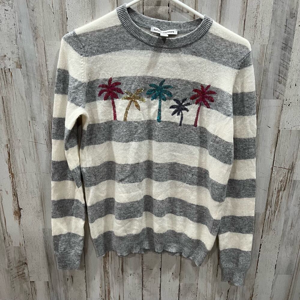 Autumn Cashmere Palm Tree Sequin Stripe Crew Neck Sweater 100% Cashmere